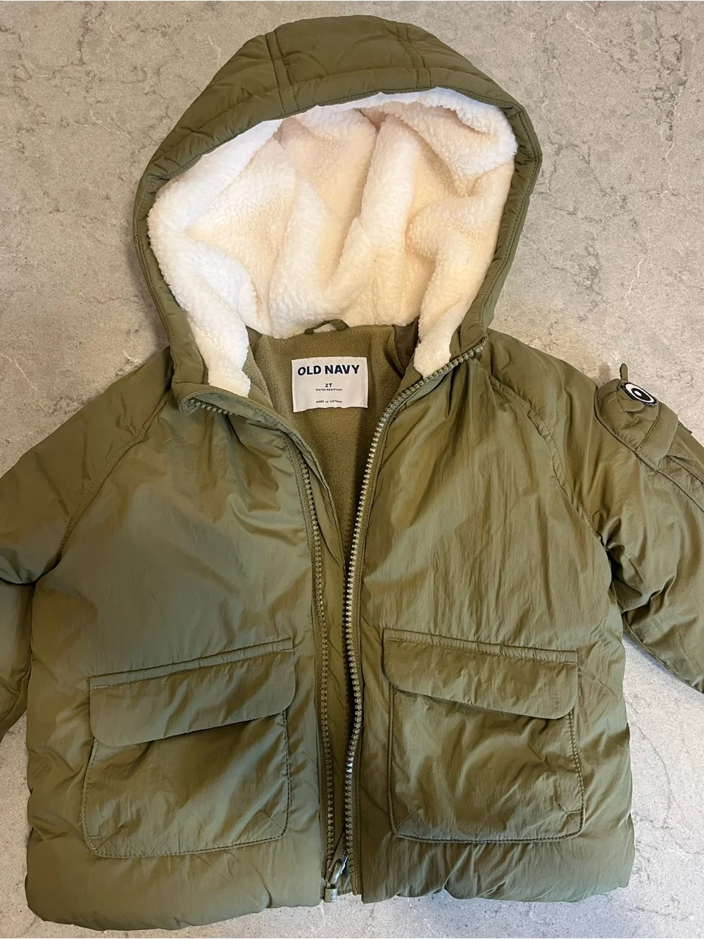 Old Navy Kids Olive Hooded Puffer Jacket with Cream Sherpa Lining